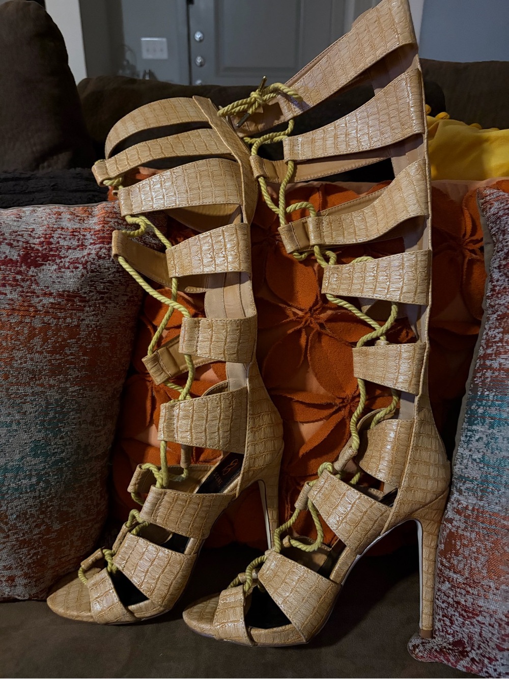 Tan Textured Gladiator High-Heel Sandals with Rope Lacing